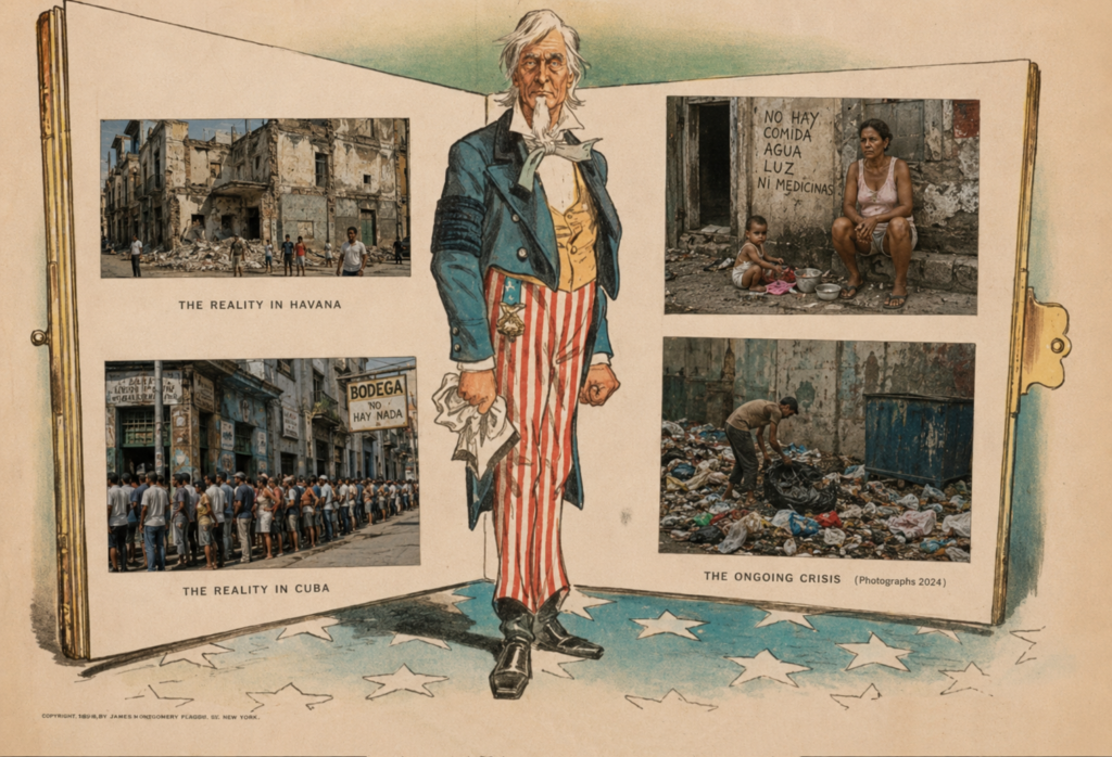 La situación social y política en Cuba guarda paralelismo con 1898 (Recreación de la caricatura original realizada por Cuba Siglo 21)